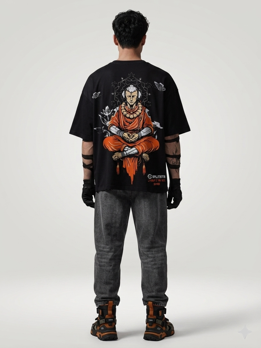 VR Monk reversible oversized T-shirt — front view, Side A