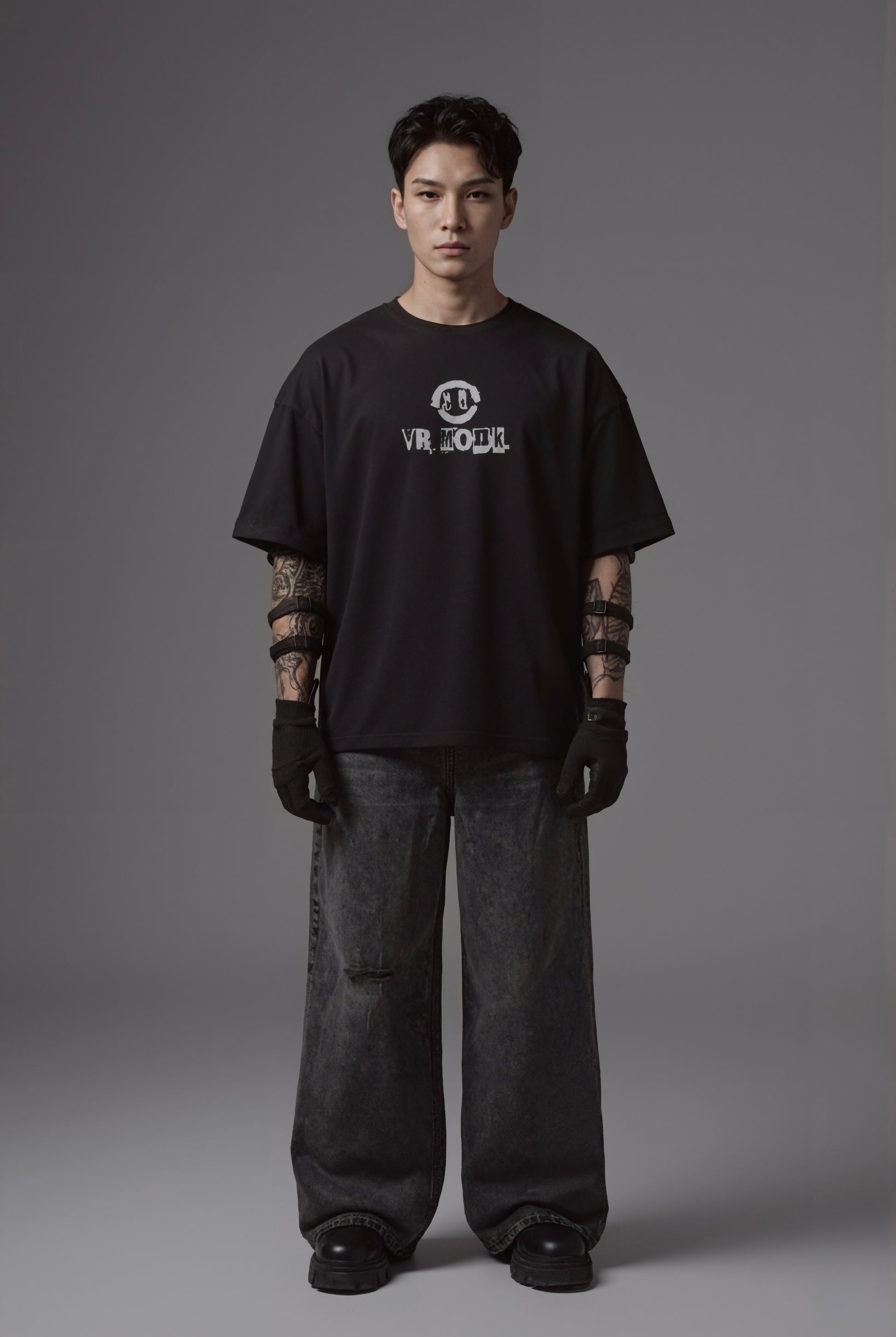 VR Monk reversible T-shirt — worn on model