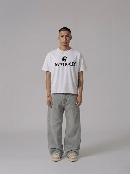 DIVINE DUALITY reversible T-shirt — Yang side worn on model