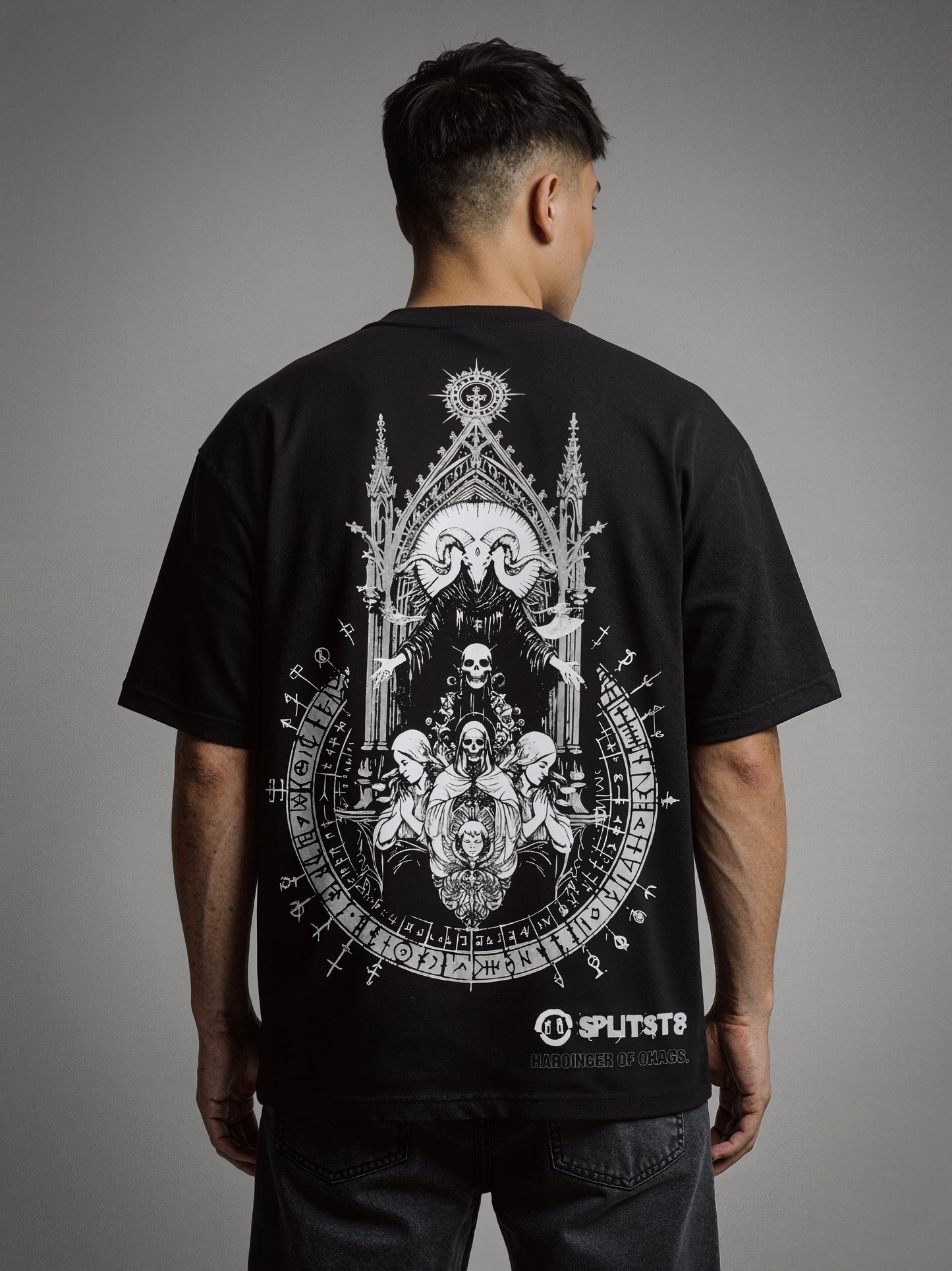 CELESTIAL CLASH reversible oversized T-shirt — front view, Side A
