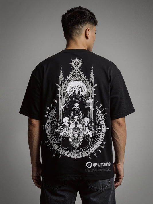 CELESTIAL CLASH reversible oversized T-shirt — front view, Side A