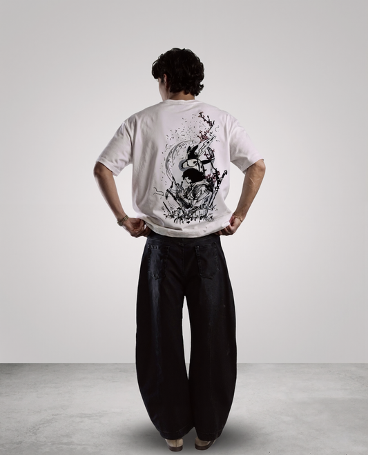 DIVINE DUALITY reversible oversized T-shirt — front view, Yin side (black)